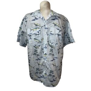 IZOD Saltwater Mens Large Blue Marlin Palm Tree Vented Fishing Shirt Short Slv